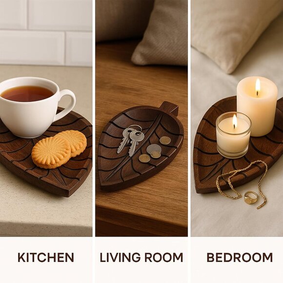 Wooden Trinket Tray – Leaf Design Decorative Dish for Jewelry, Keys & Accessorie - Picture 4 of 5